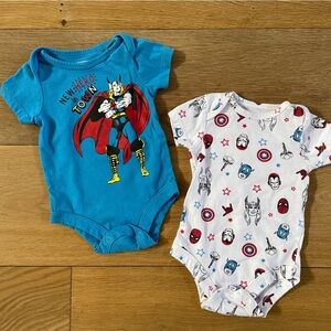 Marvel baby Onesies — White & Bright Blue with Red Accents
